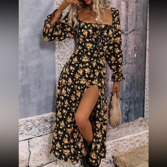 Boho floral print flounce sleeve split thigh maxi dress - Picture 8 of 8
